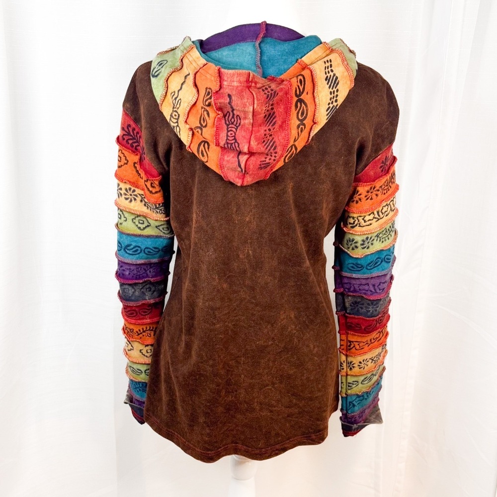 Rising International Hoodie Womens S Brown Patchwork Embroidered Boho Nepal EUC - Picture 3 of 13